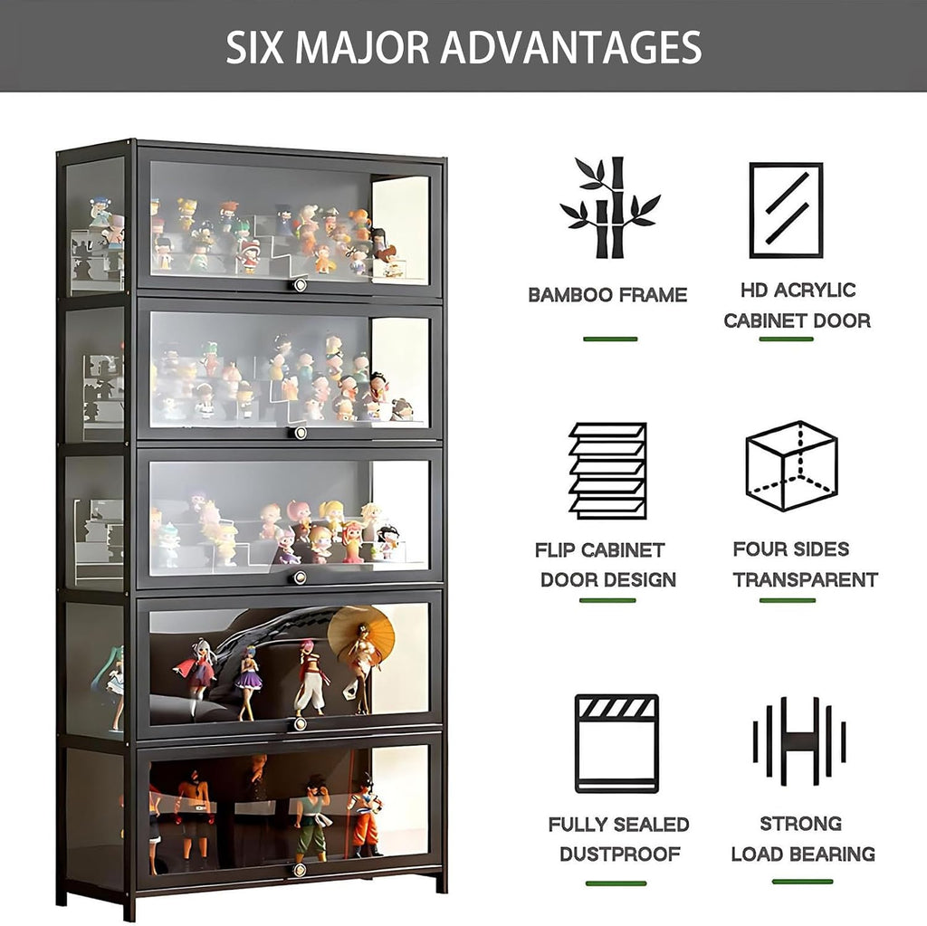 Display Cabinet with Acrylic Glass Door, 5 Tier Curio Display Case, Collectibles Toy Organizers Rack & Display Shelf, Kids Bookcase for Bedroom Reading Room (Black-Flip Door)