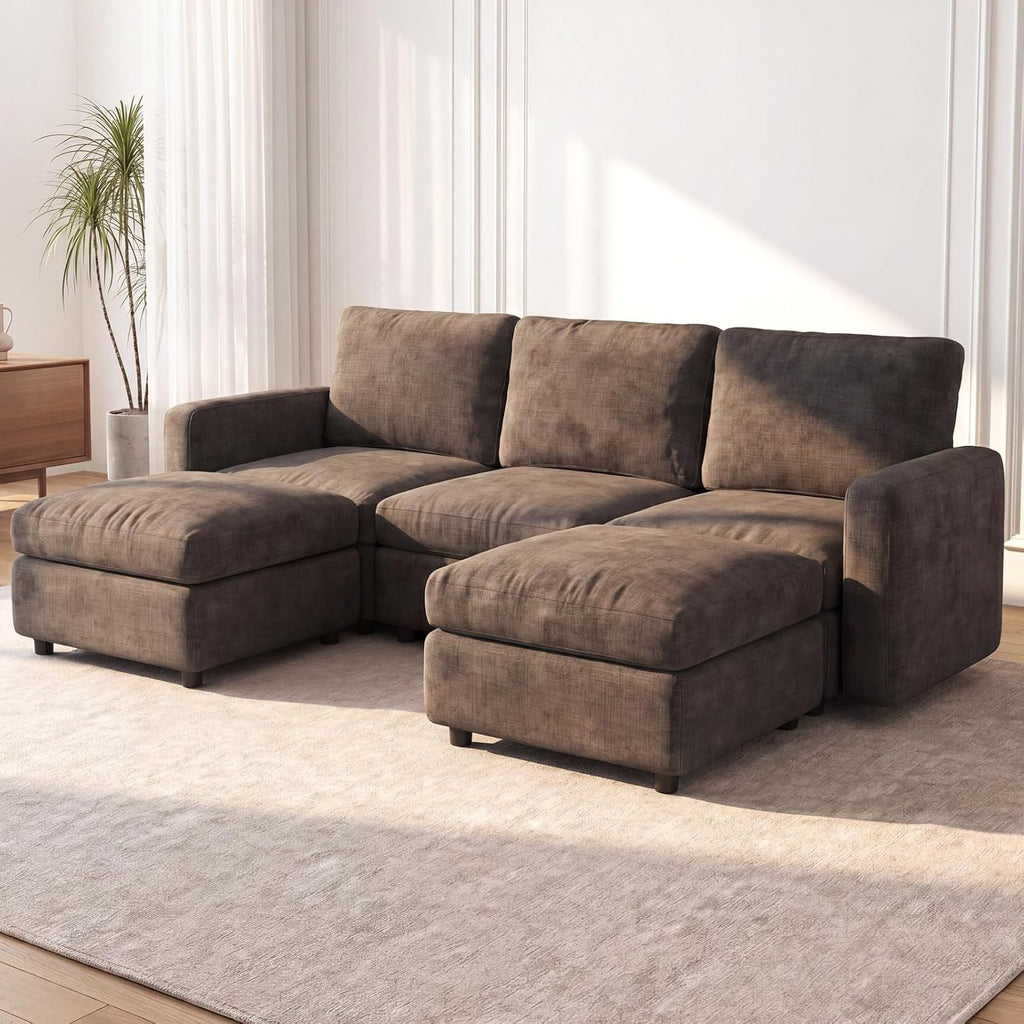 90.15" Large Modular Sectional Sofa, 5-Seater U-Shaped Couch with 2 Storage Ottoman, Deep Seat & Comfortable Upholstery, Wooden Frame for Apartment & Office, Brown