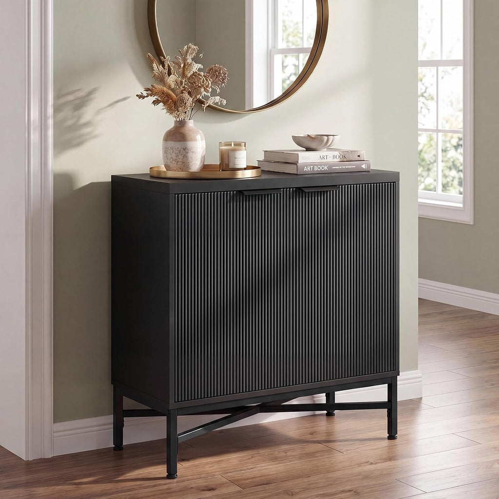 Fluted Buffet Sideboard, 2 Door Storage Cabinet with Metal Legs | Adjustable Shelf, X-Shaped Design, Anti-Tipping Kit, Modern Coffee Bar Cabinet for Living Room Dining Room Hallway (Black)