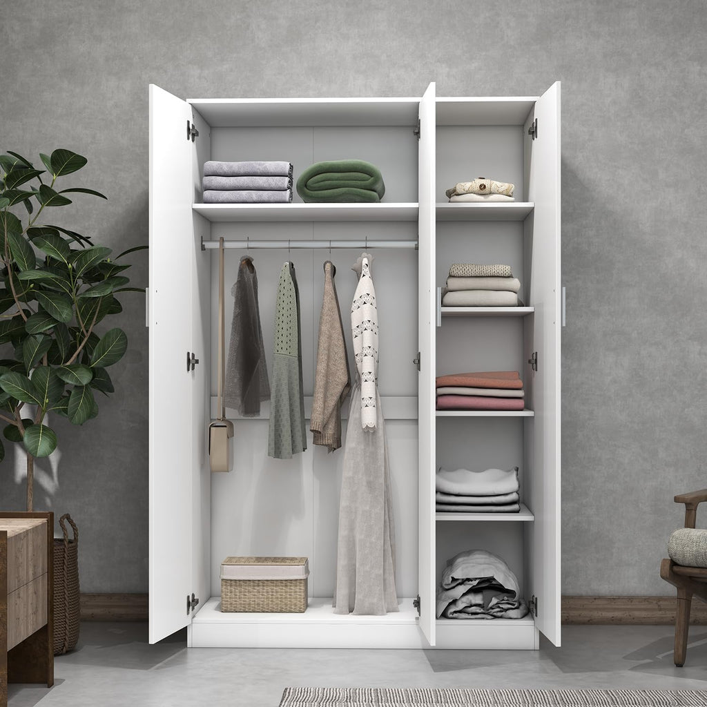 3 Doors Mirrored Wardrobe for Bedroom Bedroom Furniture Robe with 6 Storage Compartments, Hanging Rail, 115.4 X 50 X 180 Cm (White)