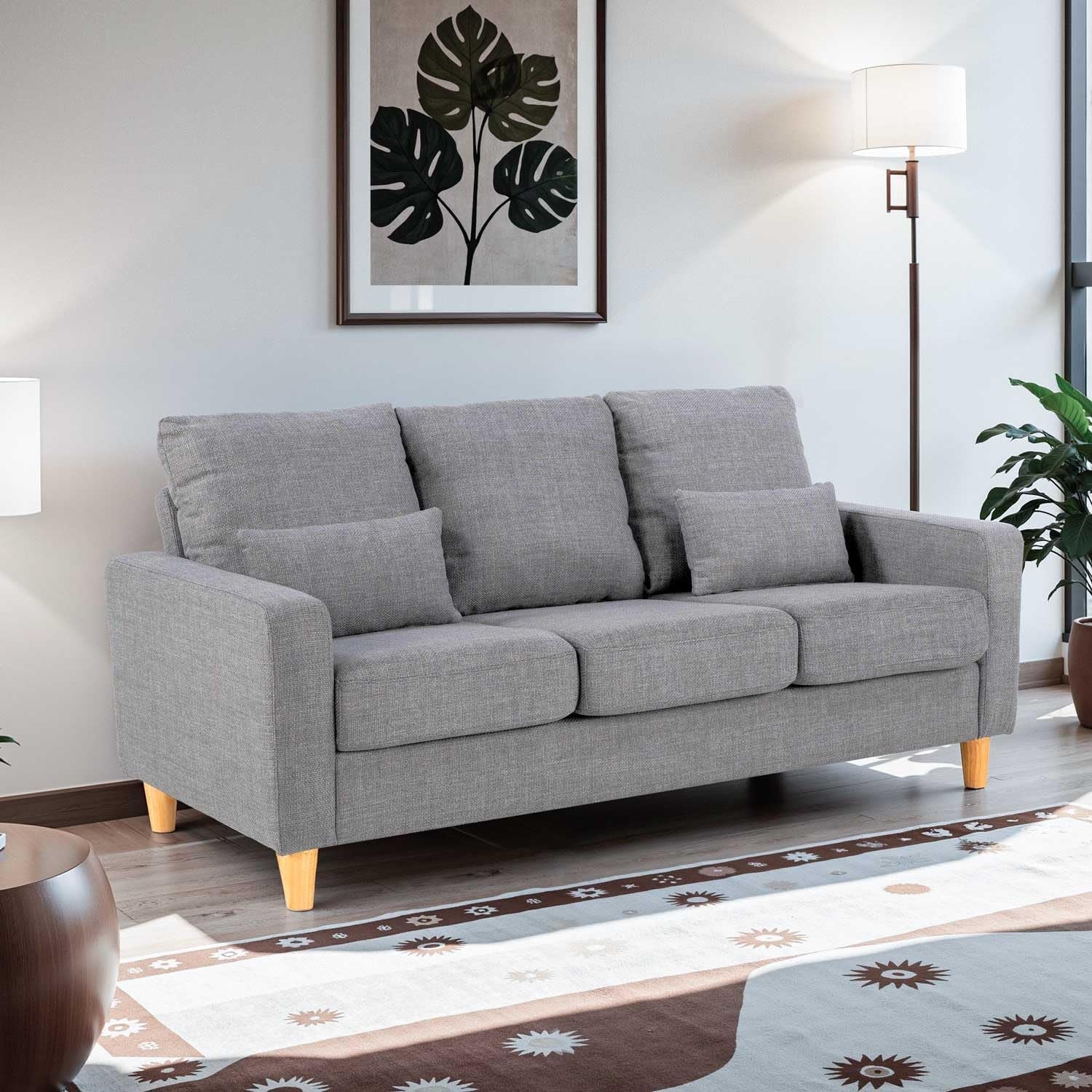 3 Seater Sofa with Square Arms, Light Grey Fabric | 184 Cm Wide; Fabric Upholstery; Square Arms; 2 Lumbar Cushions; 15 Cm Raised Legs; Self-Assembly