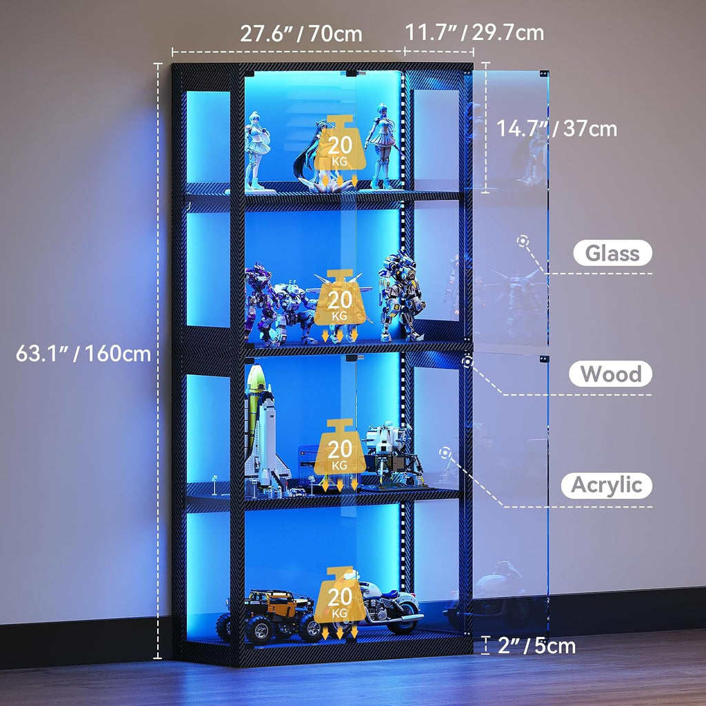 Glass Display Cabinet with RGB LED Light, 160X70X30Cm, Black | Display Cases with 3 Color Lights, Modern Storage Cabinet with Glass Door, Tall Bookcase for Home Office, Living Room