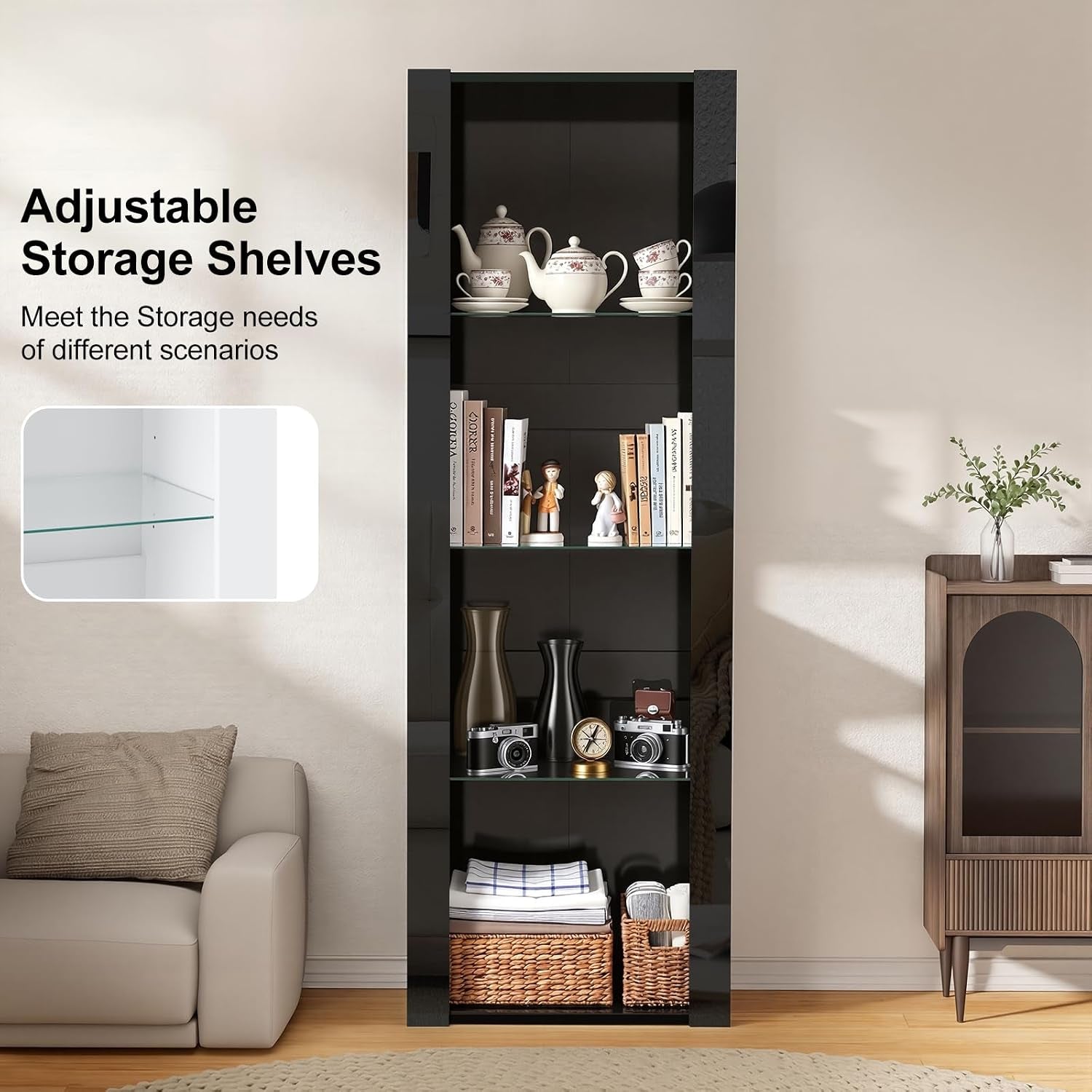 LED Tall Display Cabinet with Glass Shelf Modern Sideboard Cupboard Unit for Living Room Bedroom Furniture (Black Matt Body & Black High Gloss Fronts)
