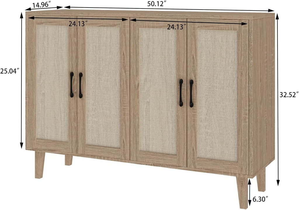 Buffet Storage Cabinet with Rattan Decorating Living Room Wood Kitchen Sideboard Accent Cabinet (Natural Wood, 123(W) X 38(D) X 88(H))