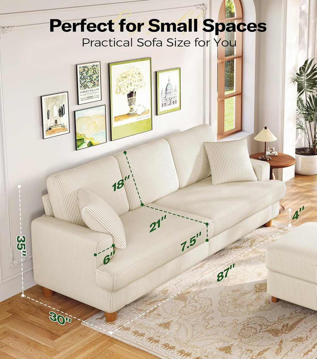 211CM 3 Seater Sofas, Corduroy Sofa No Tool Assembly, Oversized 2 Seater Sofa with 53CM Deep Seats, 3 Seater Sofa Couches & 2 Pillows, Sofa in a Box, Boho Sofas for Living Room, Beige Sofa