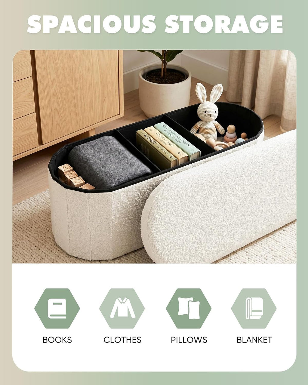 Folding Ottoman Storage Bench,Boucle Footstool Oval, End of Bed Stool, Ideal for Living Room, Bedroom, 100L Storage Space,Cream,110X38X38Cm