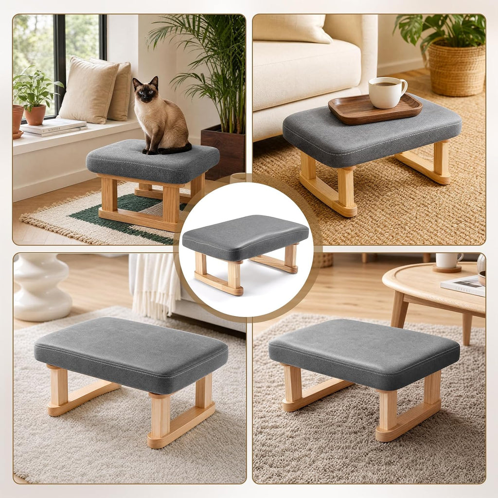 Small Footstool, Lightweight Pouffe Footstool with Stable Wooden Legs and Removable Soft Cushion Cover, Modern Foot Rest under Desk for Living Room Bedroom Office Hallway Entryway (Dark Gray)