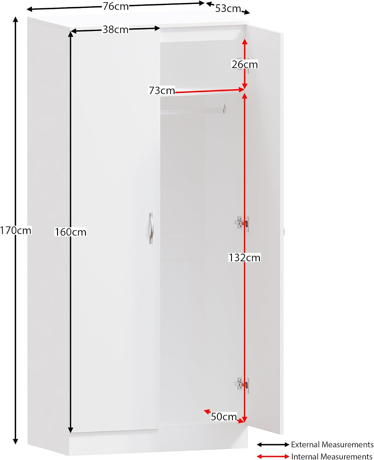 Riano 2 Door Wardrobe | White | Bedroom Furniture | 170H X 76W X 53D Cm | with Shelf & Hanging Rail | Large Capacity Storage
