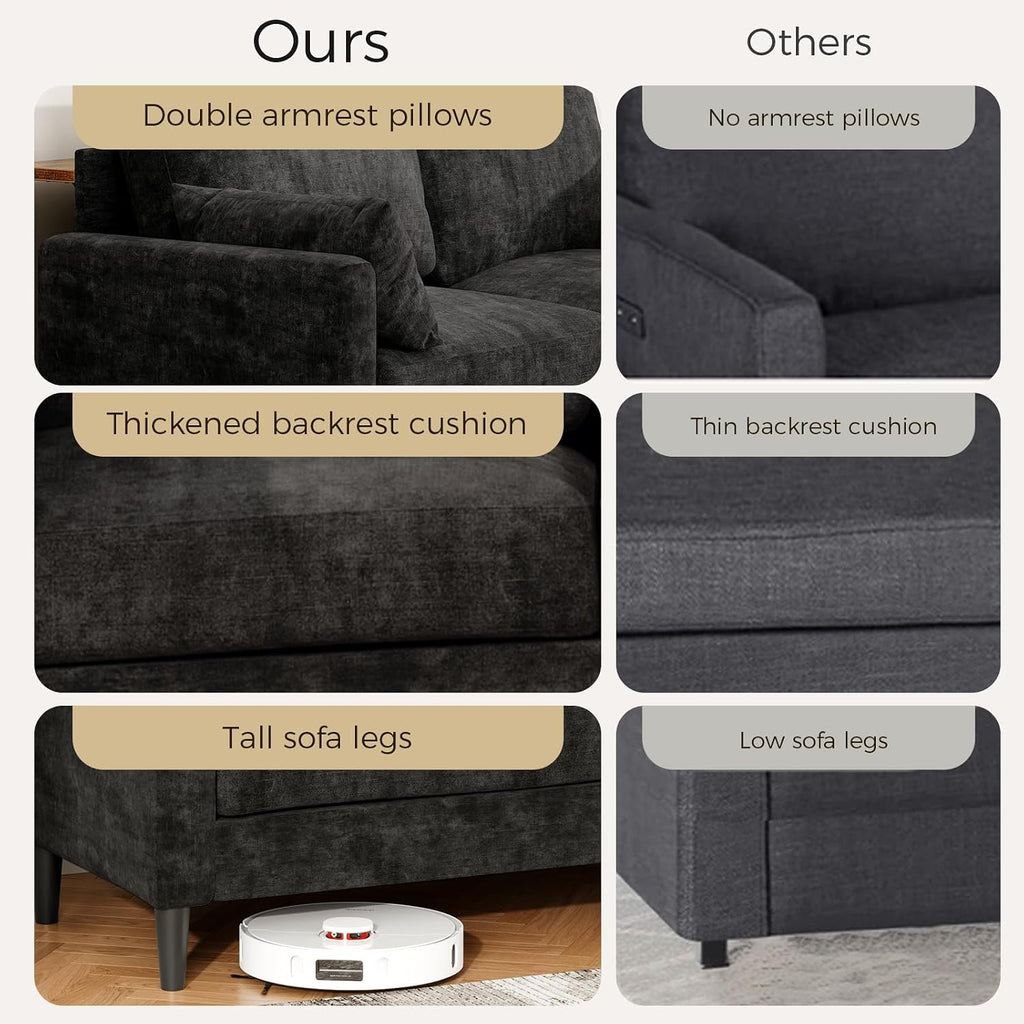 2 Seater Sofa with 2 AC Outlets and 2 USB Ports, Small Couch Loveseat with LED Lights, Chenille Sofas Couches with Console Table for Living Room, Easy Assembly, Black