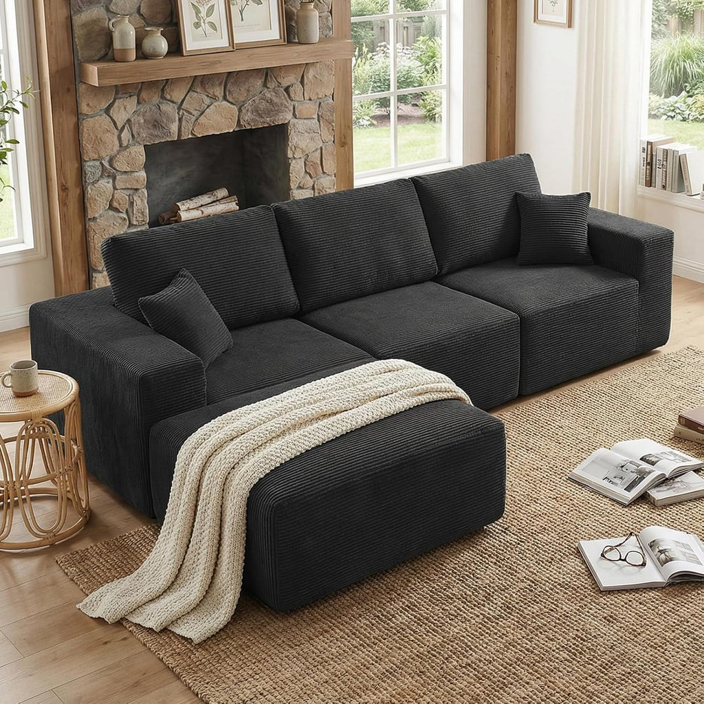 275 Cm Modular L-Shaped Sectional Sofa, 3/4 Seater Corner Sofa with Chaise Lounge, Boneless Cloud Couch, Modern Plush Corduroy Couch for Apartment & Living Room, No Assembly Required, Black