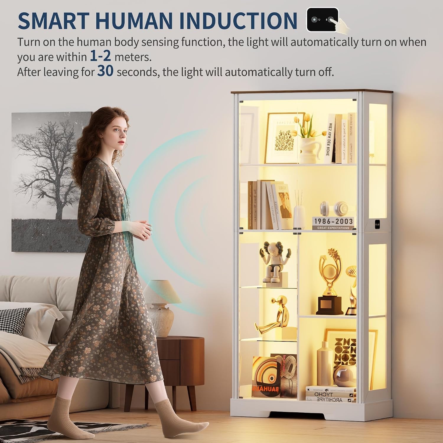 180Cm LED Display Cabinet with Glass Doors for Collectibles,White | Curio Cabinet with Glass Shelf,6-Tier Display Cases with 3 Color Lights and Human Body for Bedroom,Books,Toys