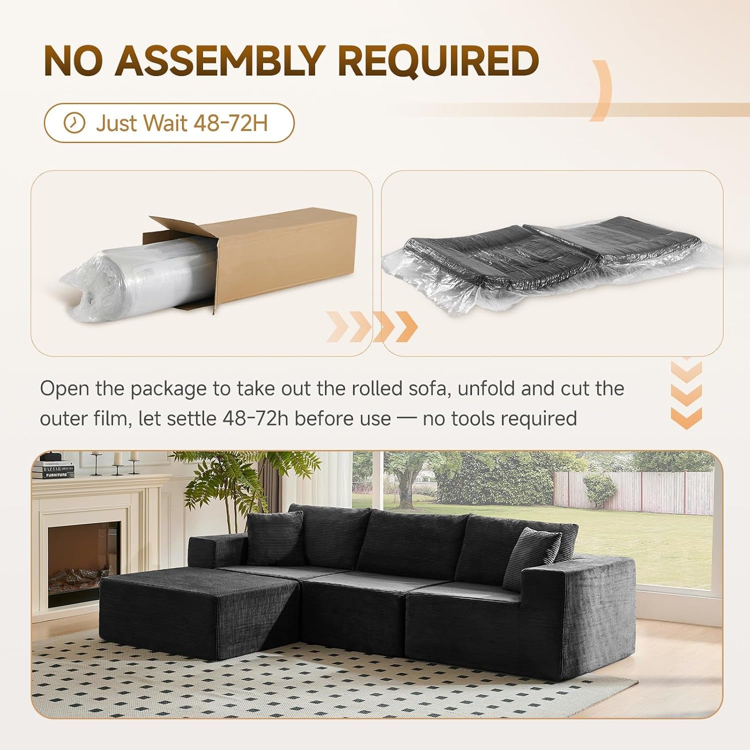 275 Cm Modular L-Shaped Sectional Sofa, 3/4 Seater Corner Sofa with Chaise Lounge, Boneless Cloud Couch, Modern Plush Corduroy Couch for Apartment & Living Room, No Assembly Required, Black
