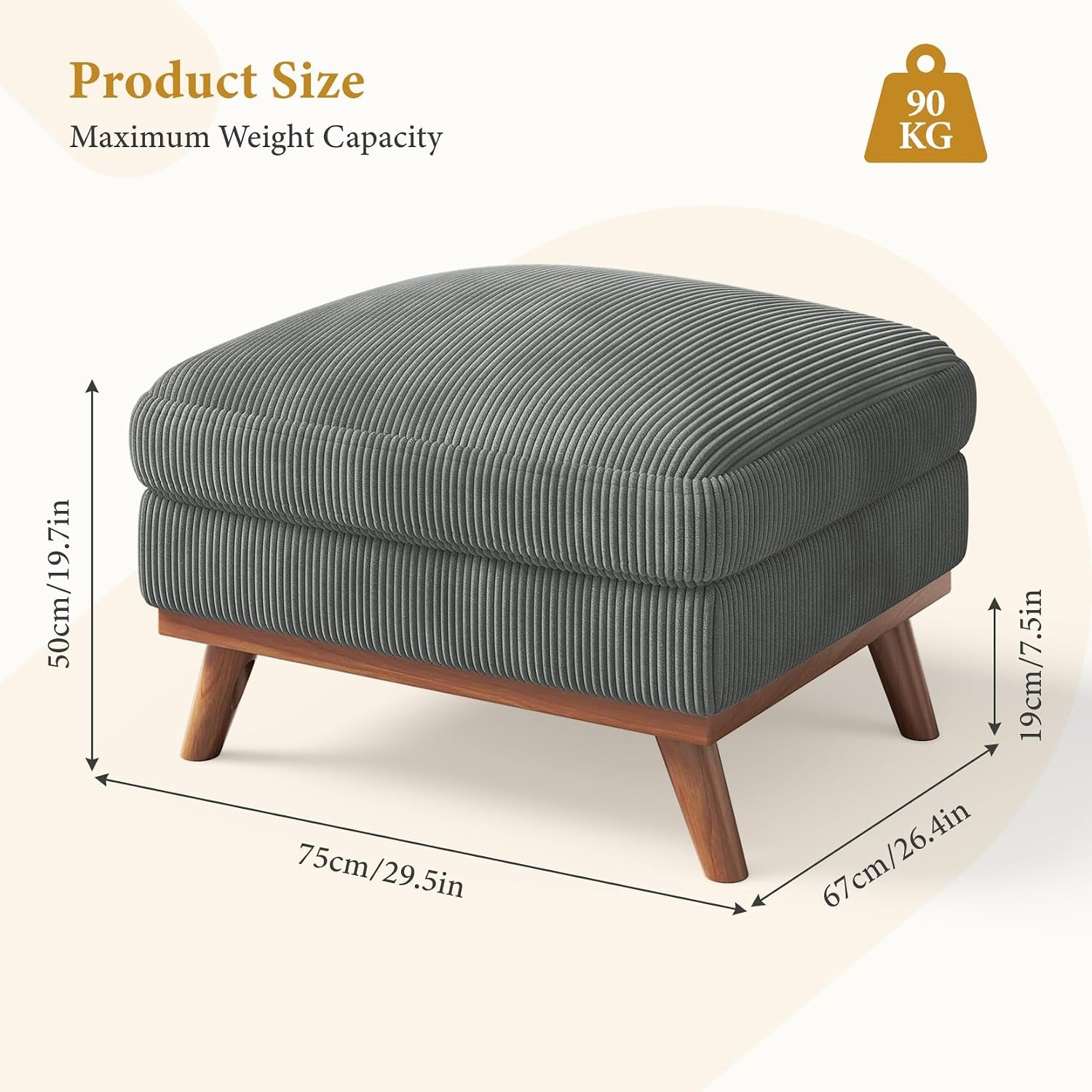 Large Ottoman for Modular Sofa, Large Corduroy Ottoman with Spring Cushion, Rectangle Foot Rest for Couch, Entrance Footstool with Wood Legs, Footstool for Living Room, Bedroom, Dark Grey