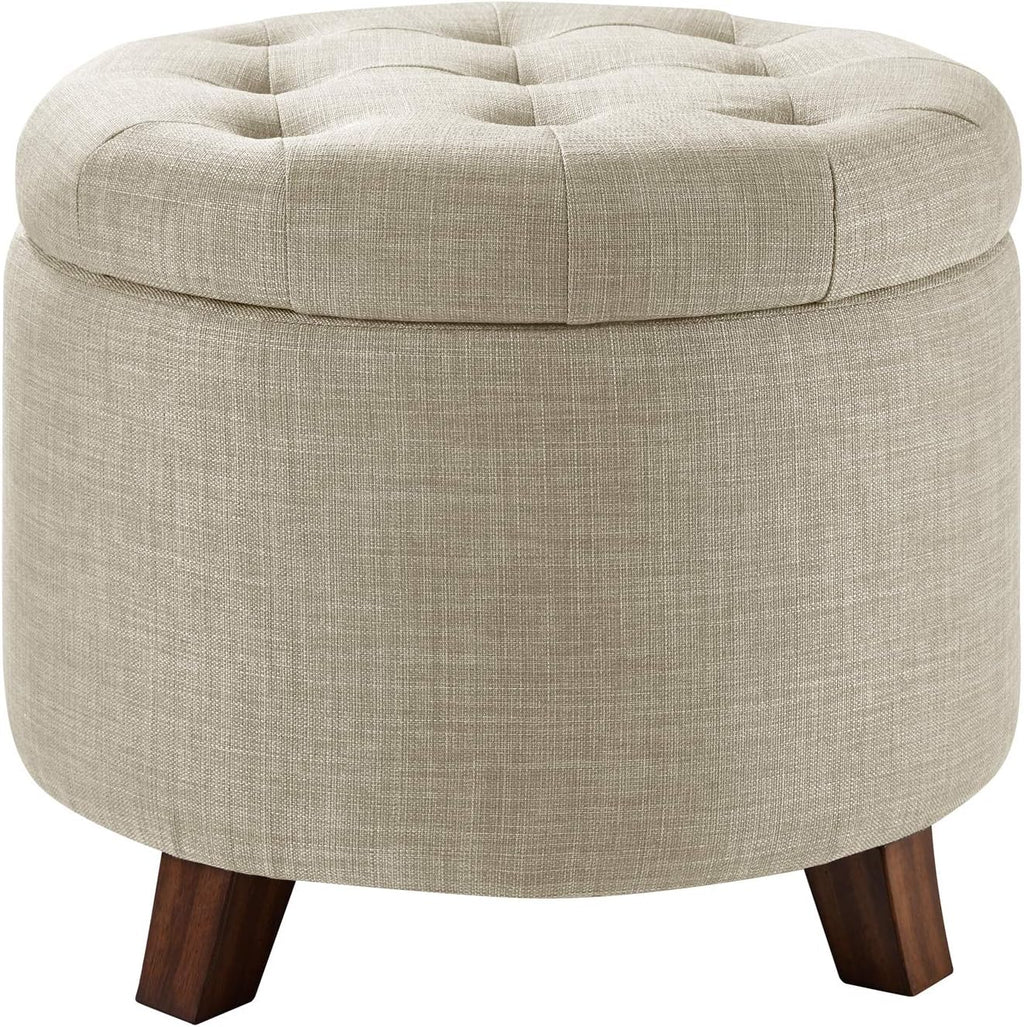 Upholstered Linen Tufted Storage round Ottoman Footstool, 50.8 X 43.2 X 50.8 Cm, Burlap Beige