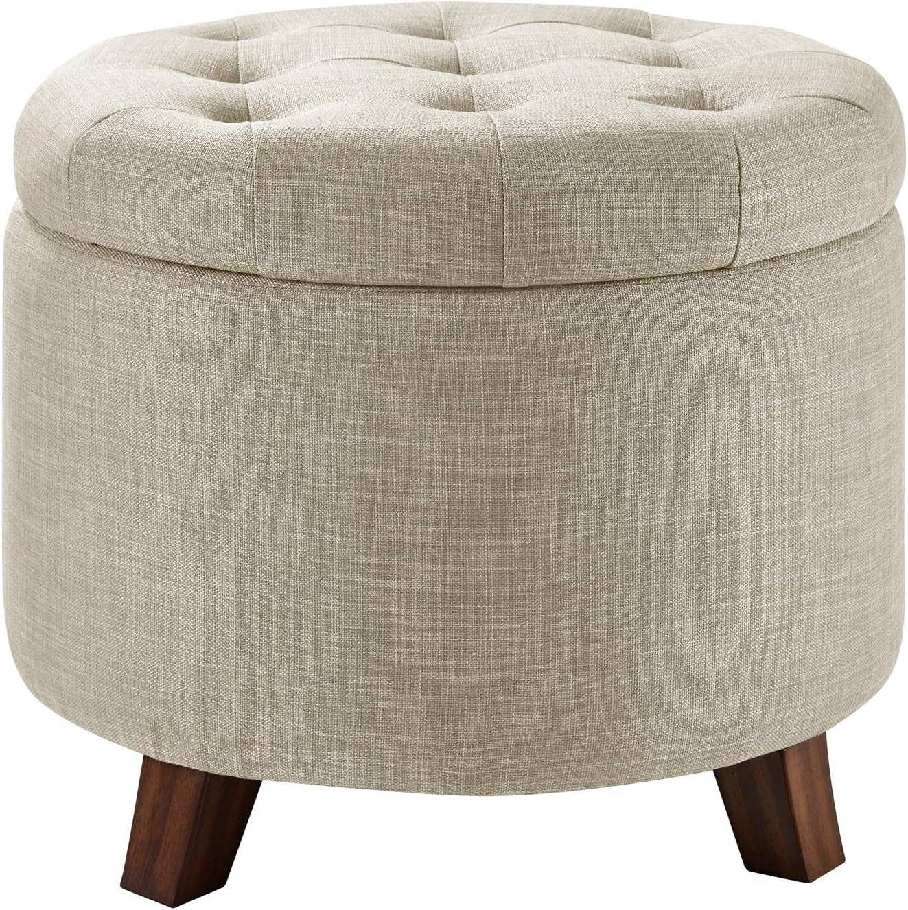 Upholstered Linen Tufted Storage round Ottoman Footstool, 50.8 X 43.2 X 50.8 Cm, Burlap Beige