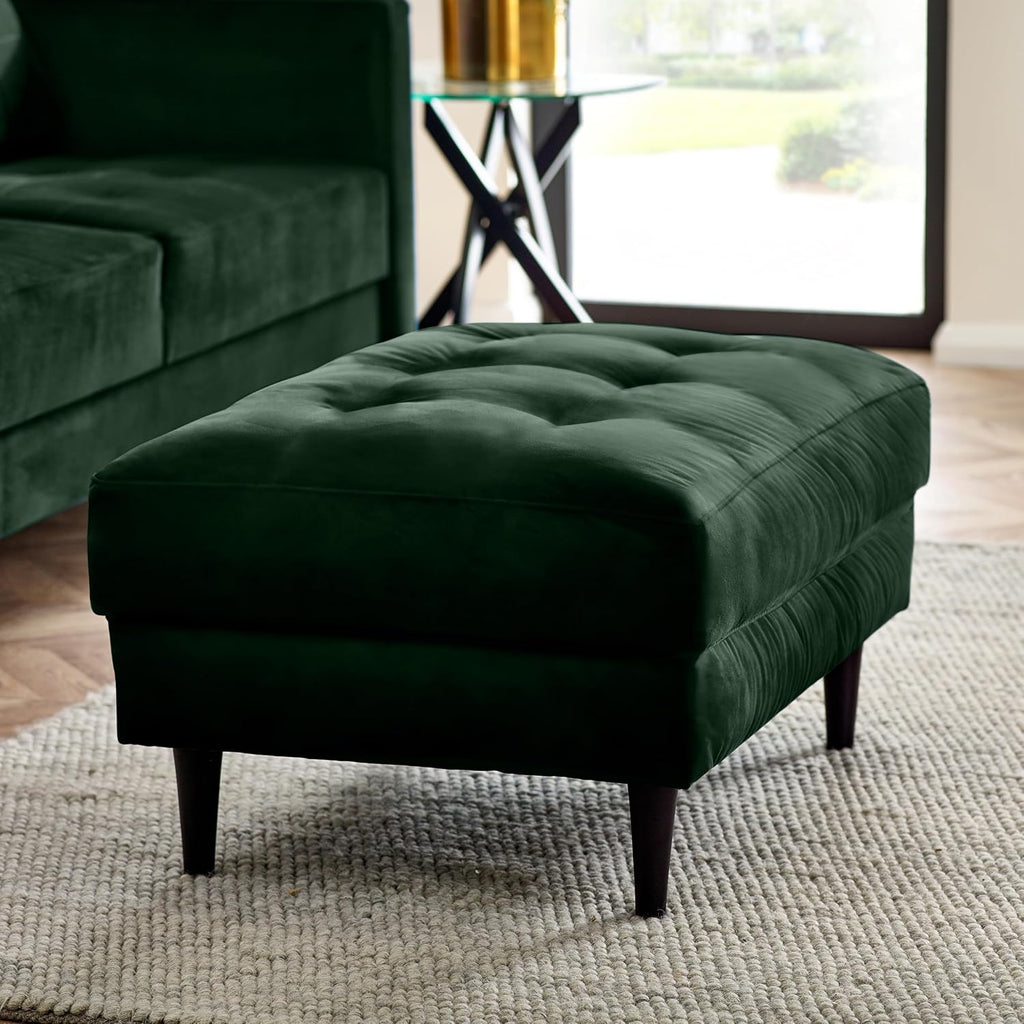 Joni Emerald Green Velvet Footstool - Upholstered Modern Green Fabric Foot Stool with Black Wooden Tapered Legs - Square Stitching - Stylish & Contemporary Living Room Furniture