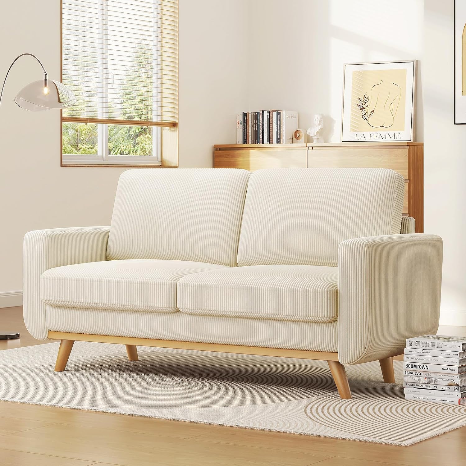 172Cm Loveseat Sofa Beige, Comfy Corduroy Couch with Spring Cushion, 2 Seater Sofa with Solid Wood, Sofa Couch with Deep Seat, Sofa for Bedroom, Loveseat for Living Room, Beige Office Couch