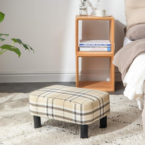 16.54" Small Footstool Linen Fabric Pouf Ottoman Footrest Modern Home Living Room Bedroom Rectangular Stool, with Padded Seat Pine Wood Legs, Stripe URF-BD215-C