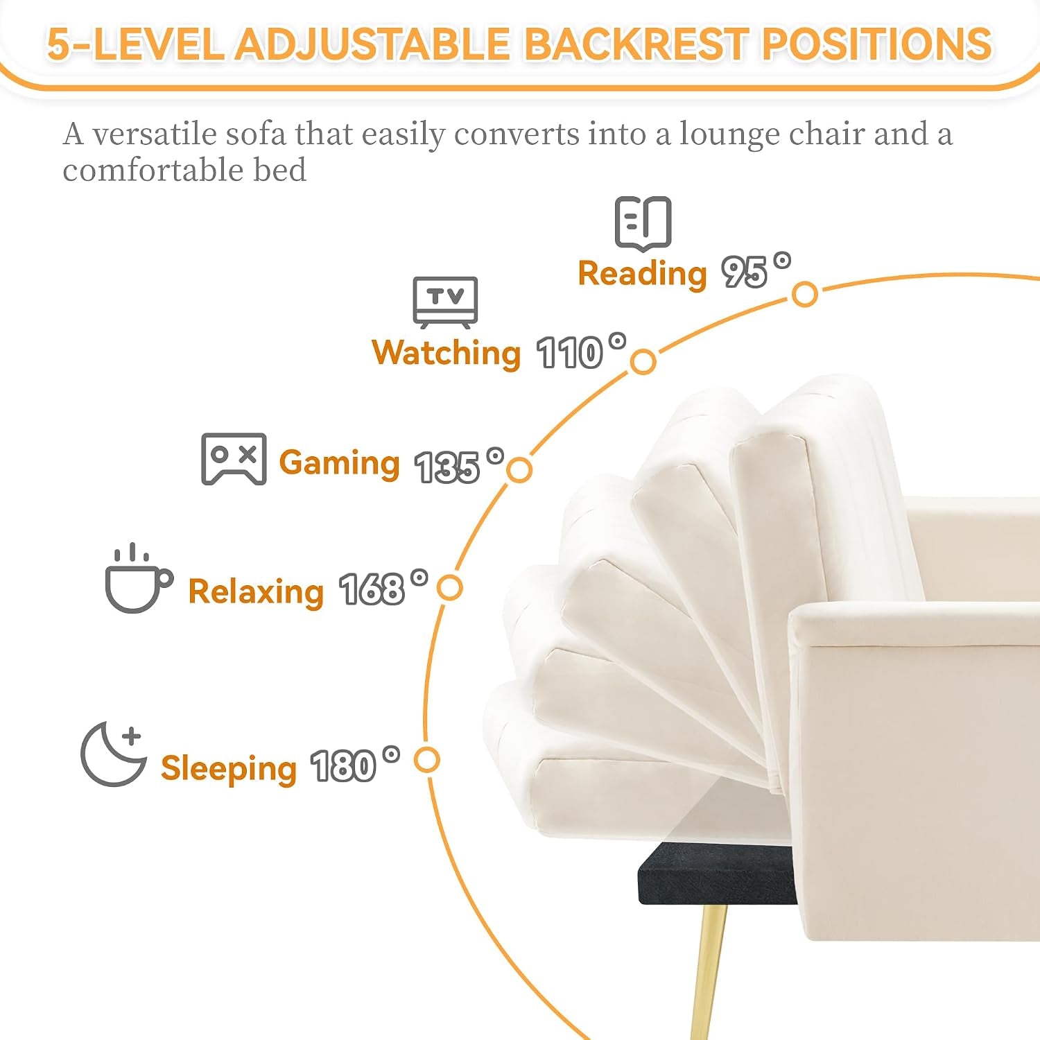 2 Seater Sofa Bed with Multi‑Position Backrest & Armrests, Velvet | Couch Bed Double with Metal Legs, Modern Loveseat Sofa for Living Room, Bedroom, Home Theater & Guest Room
