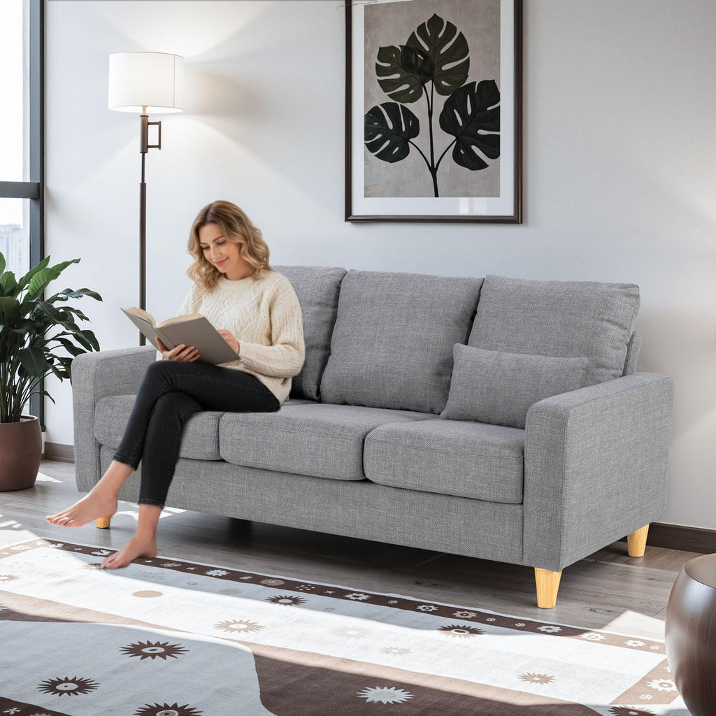 3 Seater Sofa with Square Arms, Light Grey Fabric | 184 Cm Wide; Fabric Upholstery; Square Arms; 2 Lumbar Cushions; 15 Cm Raised Legs; Self-Assembly
