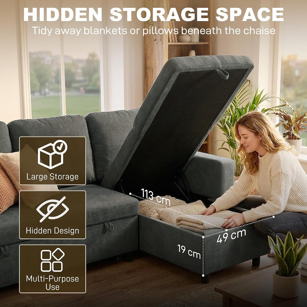 Sofa Bed with Storage Convertible L Shaped Couch Charcoal Grey | Corner Sleeper Couch, 3 Seater Pull Out Sofa Bed, Reversible Chaise, Side Pockets, Living Room, Bedroom, Small Spaces