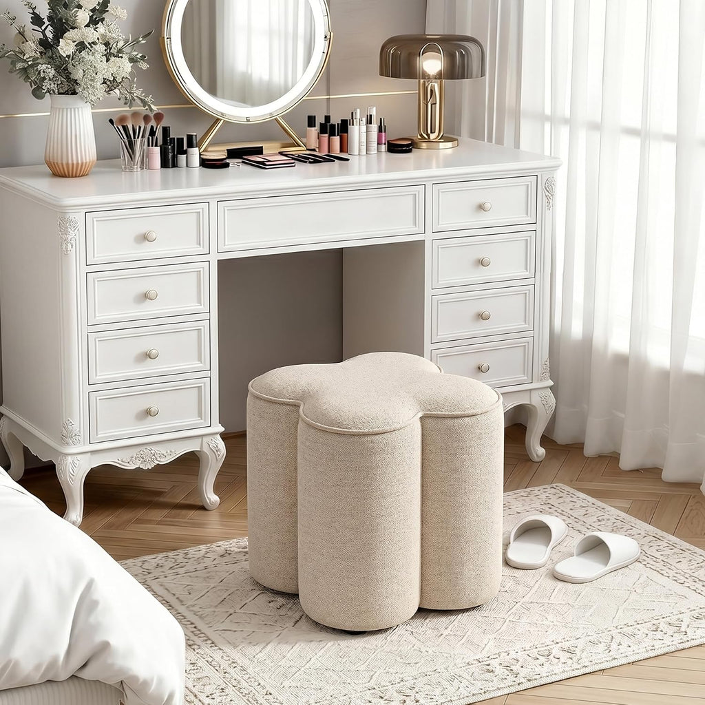 Petal Ottoman Foot Stool, Flower-Shaped Pouffe Footstool, Beige | Linen Upholstered Vanity Stool, Wood Frame, 125Kg Capacity, No Assembly, Foot Rest for Sofa Living Room Bedroom