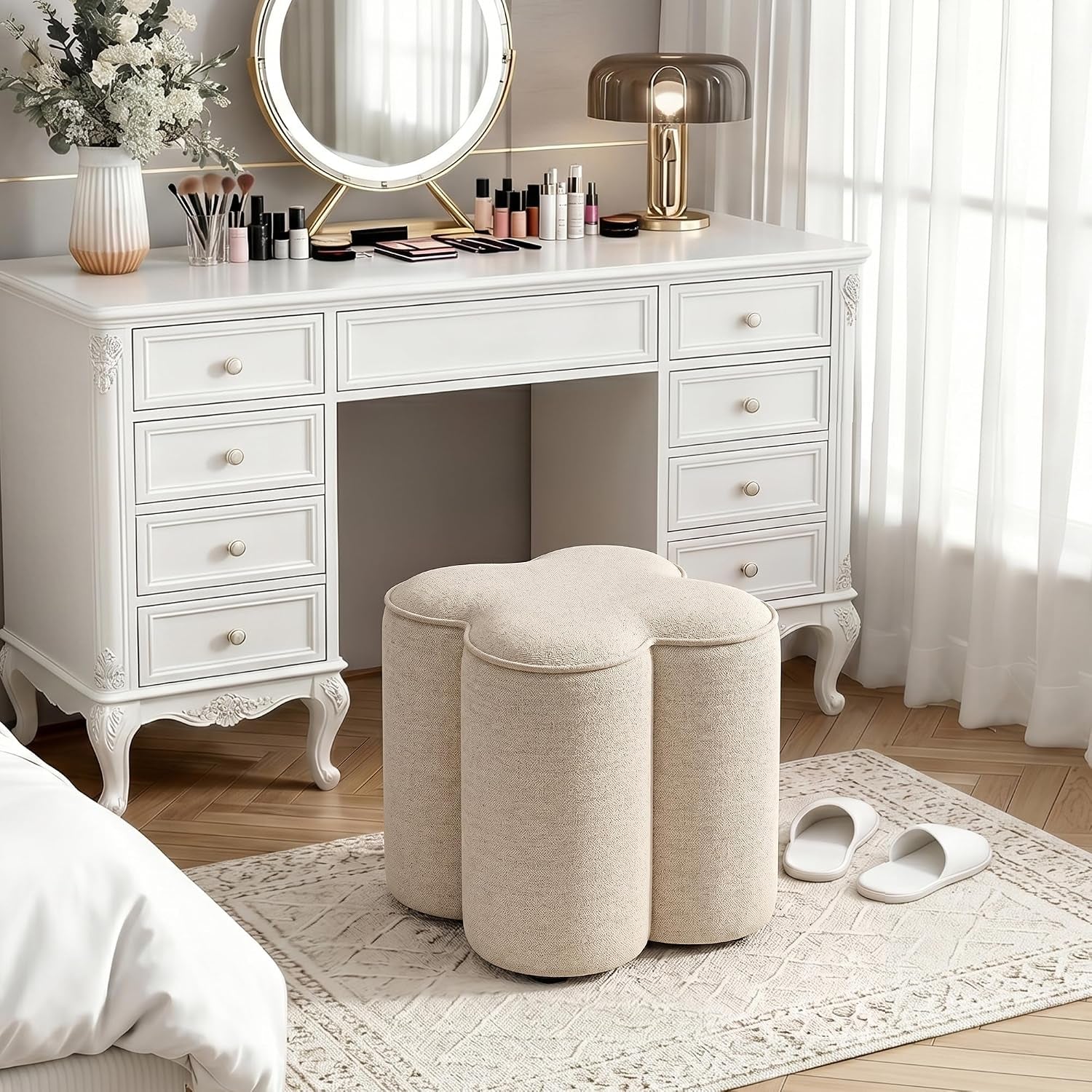 Petal Ottoman Foot Stool, Flower-Shaped Pouffe Footstool, Beige | Linen Upholstered Vanity Stool, Wood Frame, 125Kg Capacity, No Assembly, Foot Rest for Sofa Living Room Bedroom