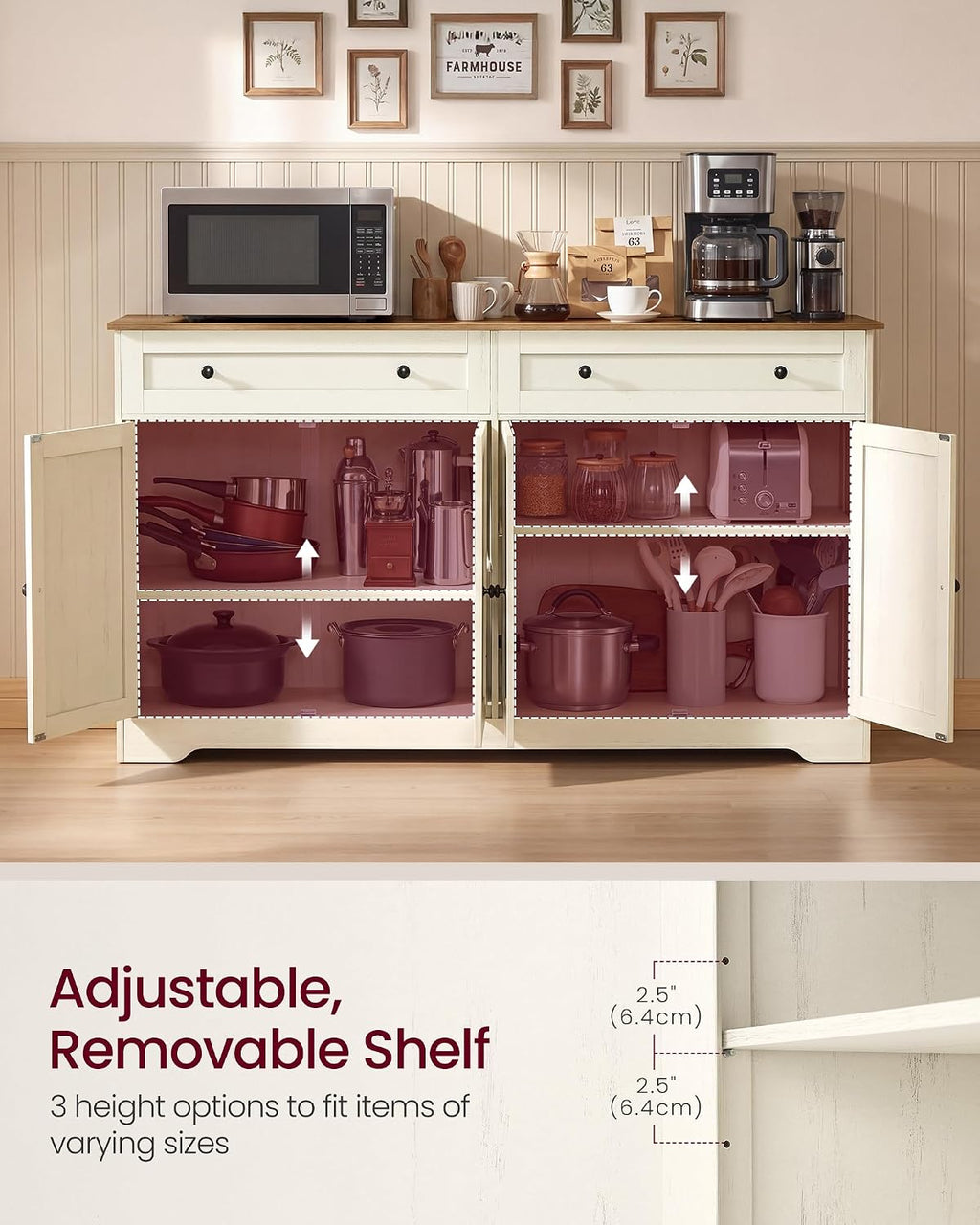 Collection - Storage Cabinet, Farmhouse Buffet Cabinet with 2 Drawers and Adjustable Shelves, 4 Doors, Sideboard, Coffee Bar, 40 X 140 X 80 Cm, Rustic White and Honey Brown SIREN LSC541WJ01