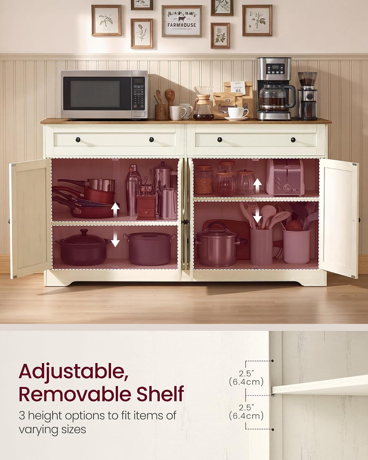 Collection - Storage Cabinet, Farmhouse Buffet Cabinet with 2 Drawers and Adjustable Shelves, 4 Doors, Sideboard, Coffee Bar, 40 X 140 X 80 Cm, Rustic White and Honey Brown SIREN LSC541WJ01