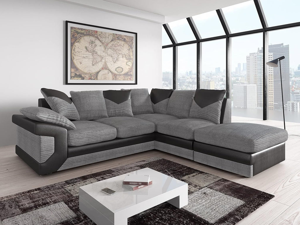 NEW LARGE DINO CORNER SOFA JUMBO CORD GREY BLACK or BEIGE BROWN LEFT or Right(Grey Black Right). Fire Resistant as per British Standards, Foam Filled Seats for Comfort.