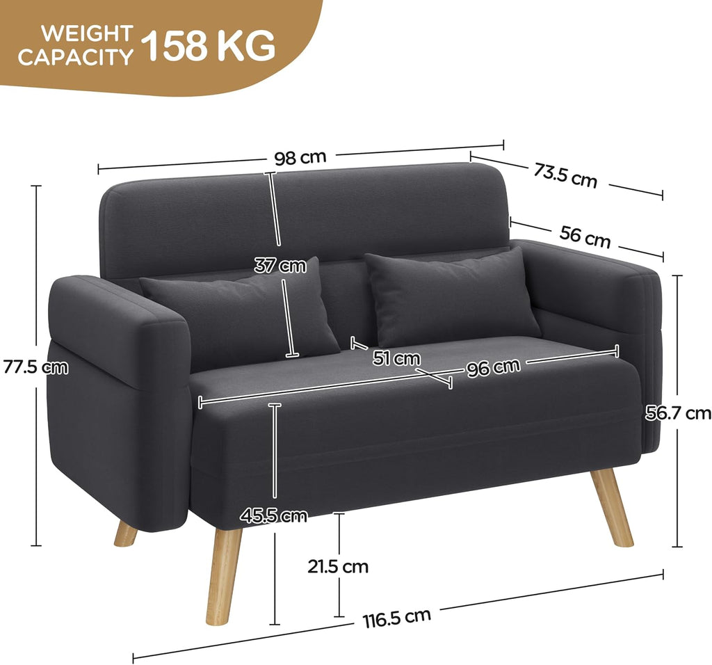 116Cm Fabric 2 Seater Loveseat Sofa with 2 Pillows, Dark Grey | Tapered Solid Wood Legs, Fabric Upholstery, Compact Size, 2 Matching Pillows, Ideal for Dorm, Office, Bedroom & Living Room