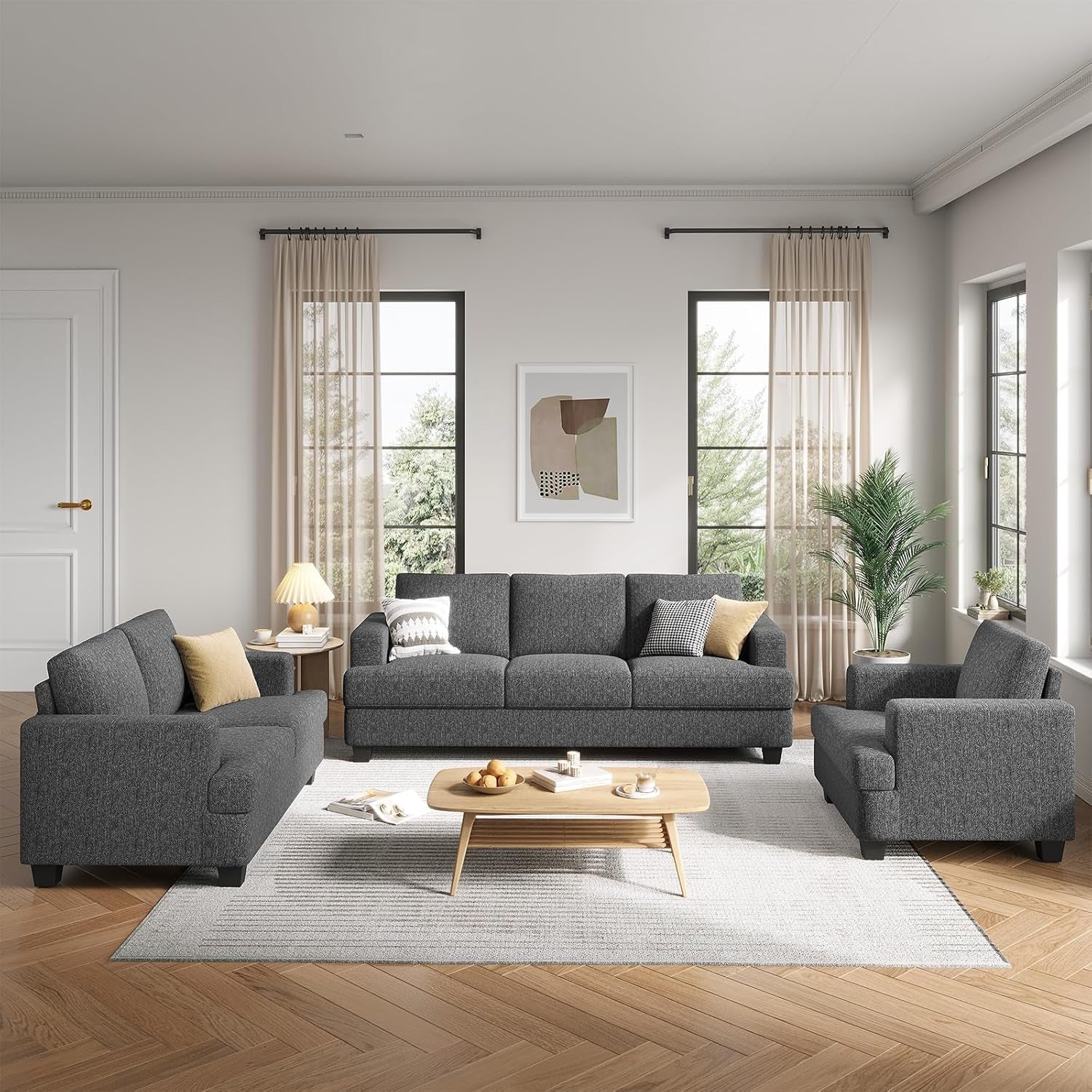 226CM Sofa Couch, 3 Seater Sofa with Suppleness Armrests, Linen Fabric Deep Seat Sofa with Upholstered Cushion& Backrests, Modern Comfy Couch for Living Room Apartment Office