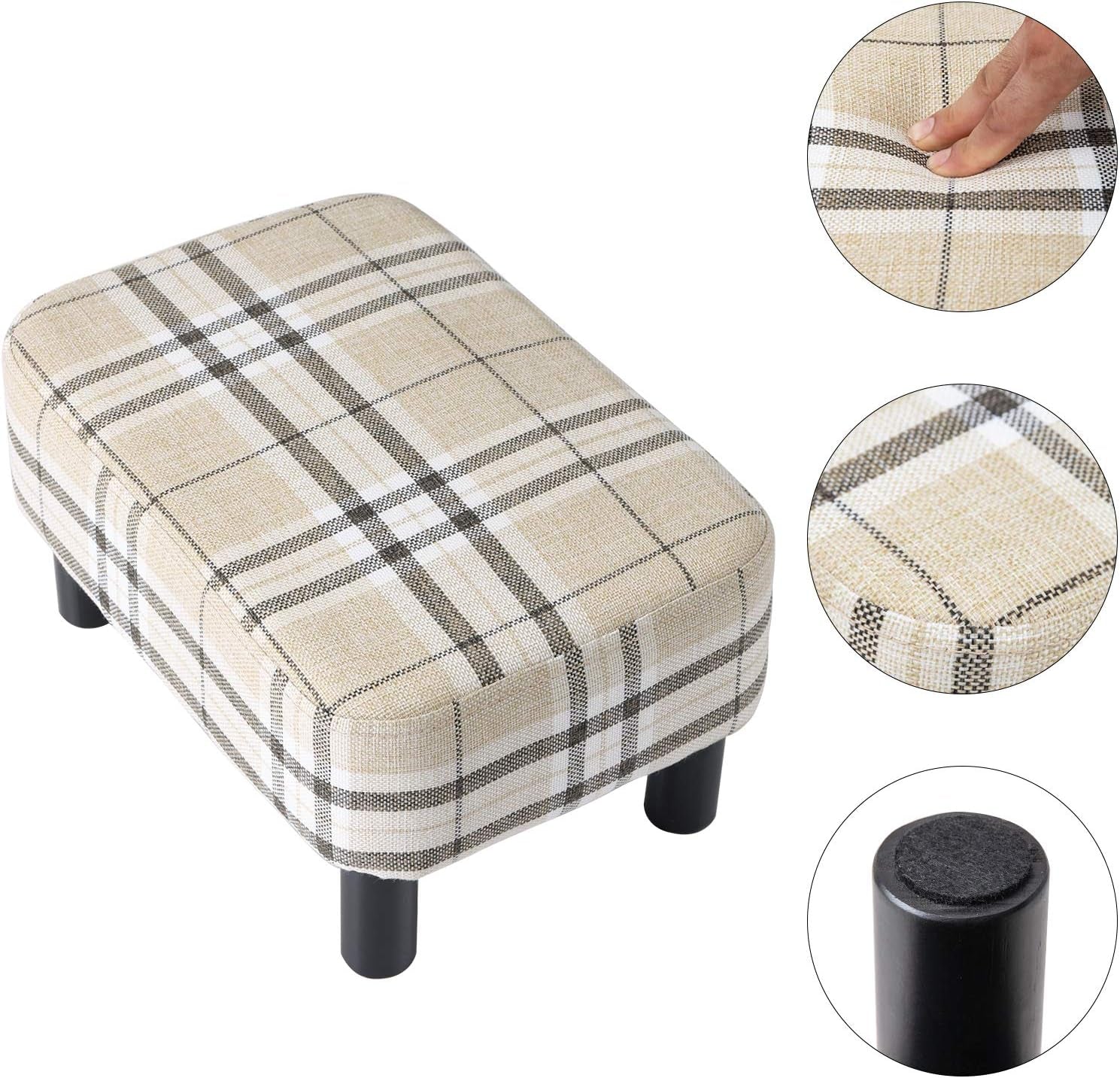 16.54" Small Footstool Linen Fabric Pouf Ottoman Footrest Modern Home Living Room Bedroom Rectangular Stool, with Padded Seat Pine Wood Legs, Stripe URF-BD215-C