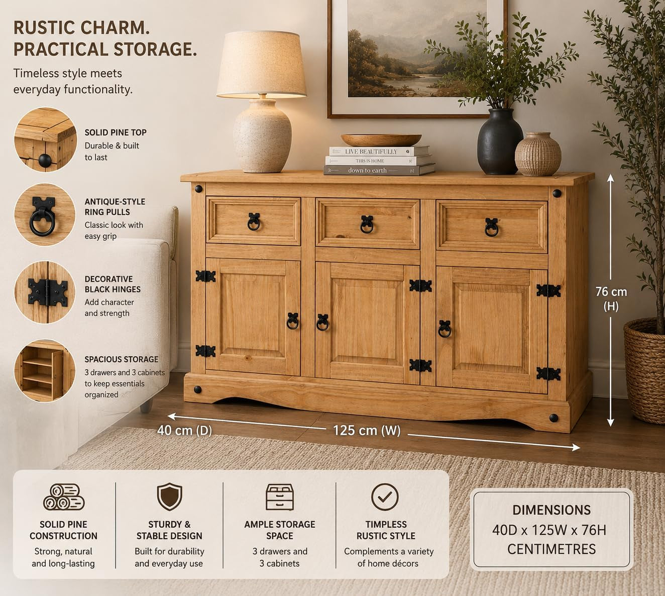 Corona Sideboard 3 Door 3 Drawer Mexican Style Solid Pine Wood Cupboard with Wax Finish Black Metal Hardware W 125 Cm X D 40 Cm X H 76 Cm
