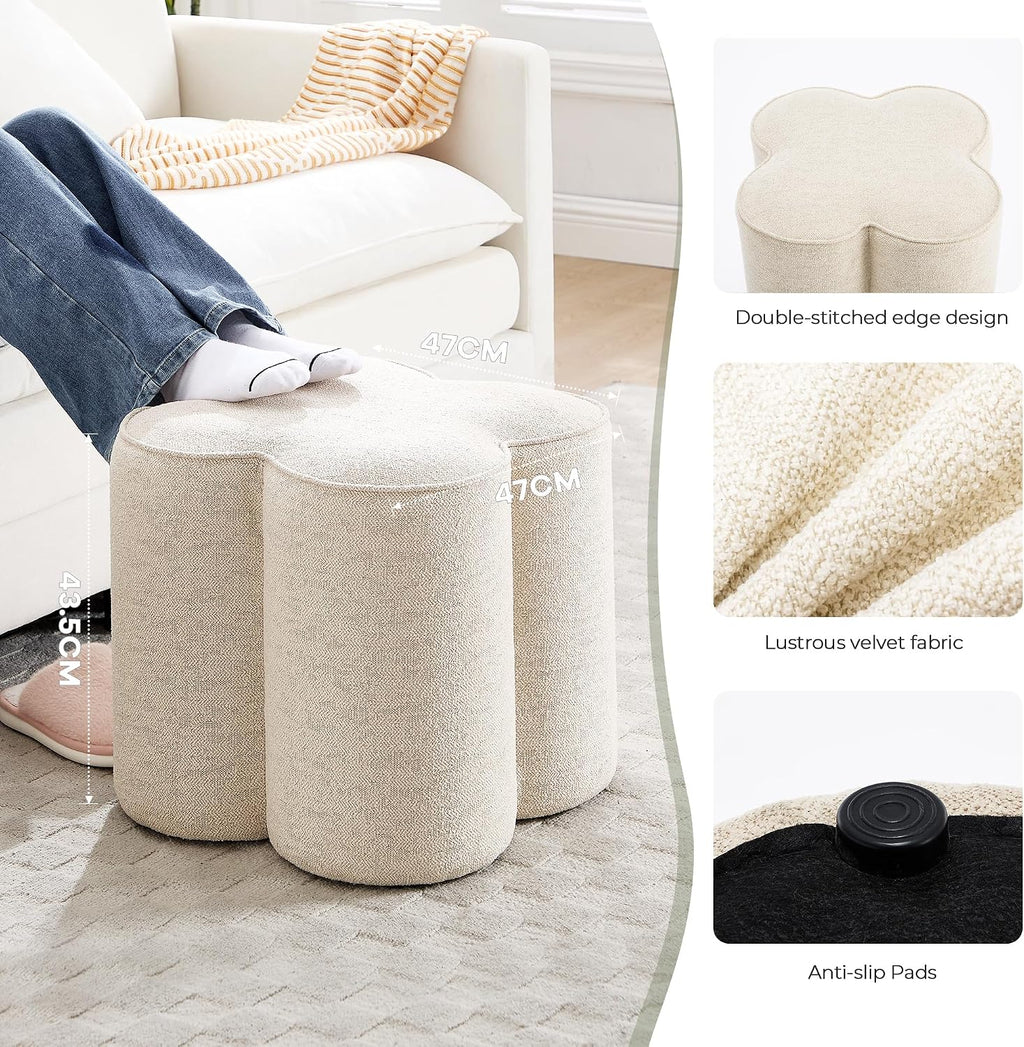 Petal Ottoman Foot Stool, Flower-Shaped Pouffe Footstool, Beige | Linen Upholstered Vanity Stool, Wood Frame, 125Kg Capacity, No Assembly, Foot Rest for Sofa Living Room Bedroom