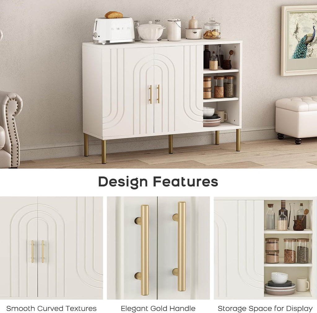 Sideboard with Curved Texture, Cream White, 110X35X82 Cm | Wooden Storage Cabinet with 2 Doors and 3 Tier Shelves, Kitchen Cupboard Storage, Buffet for Living Room Kitchen Hallway