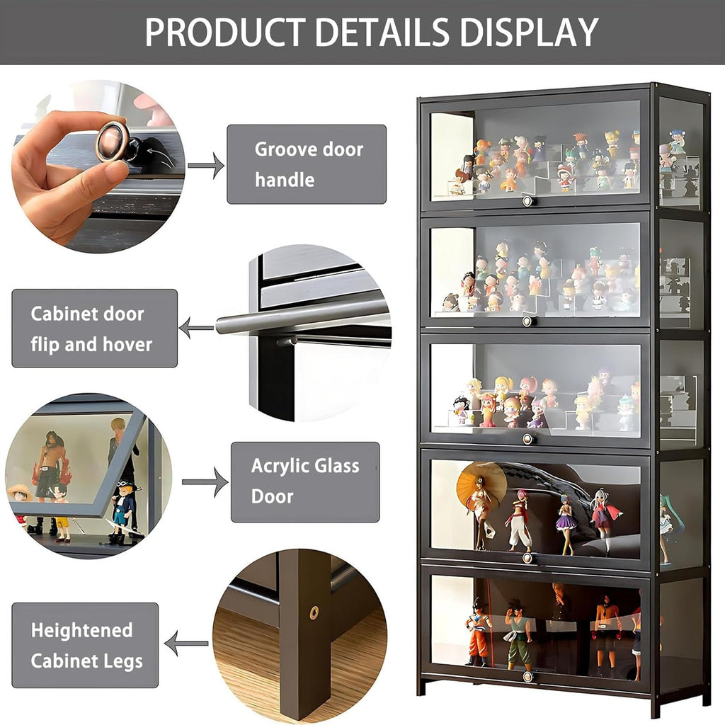 Display Cabinet with Acrylic Glass Door, 5 Tier Curio Display Case, Collectibles Toy Organizers Rack & Display Shelf, Kids Bookcase for Bedroom Reading Room (Black-Flip Door)