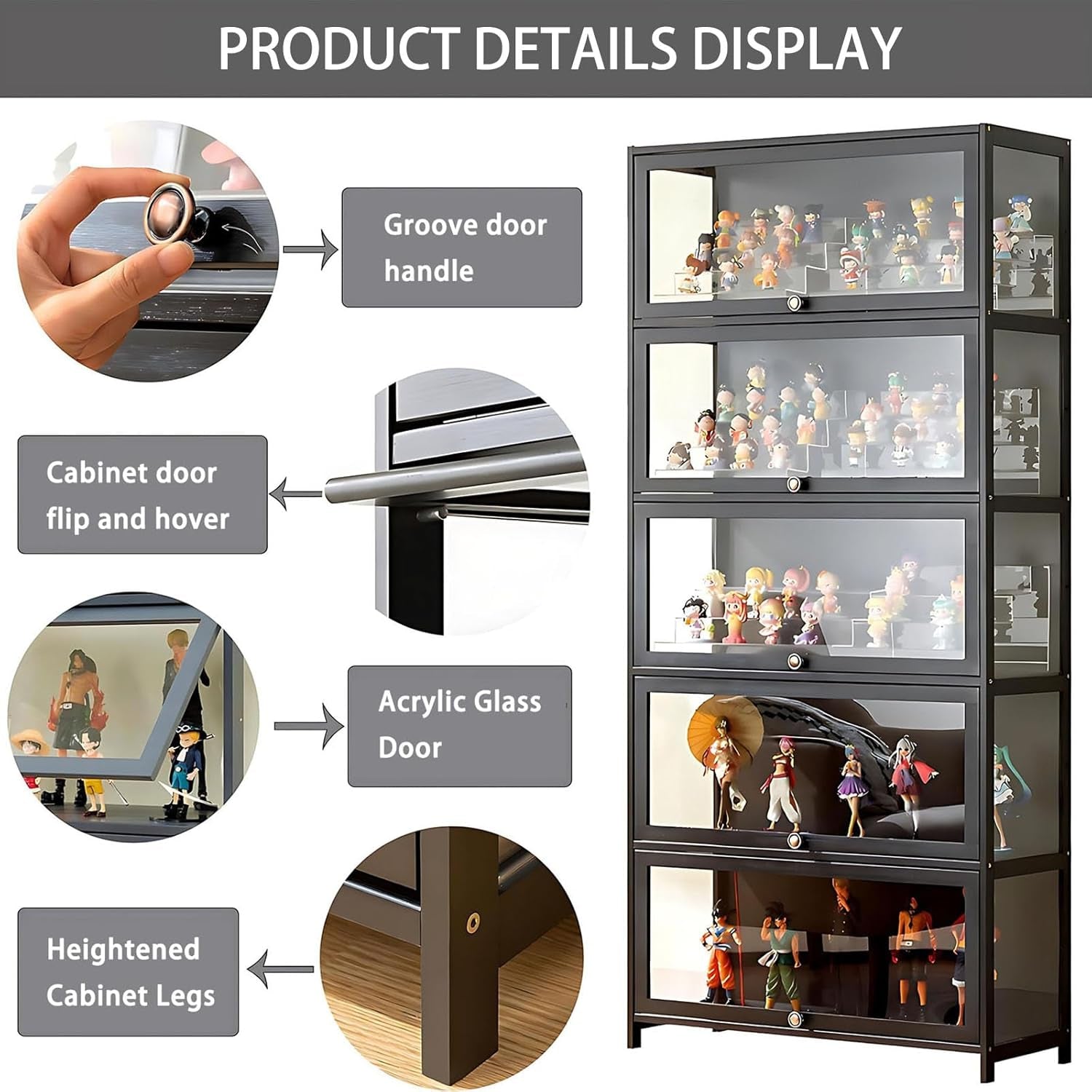 Display Cabinet with Acrylic Glass Door, 5 Tier Curio Display Case, Collectibles Toy Organizers Rack & Display Shelf, Kids Bookcase for Bedroom Reading Room (Black-Flip Door)