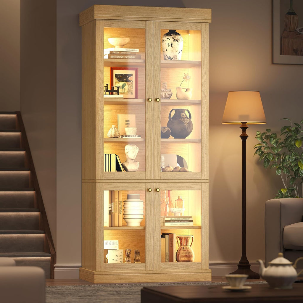 Modern Display Cabinets with Glass Doors & LED Lights, Freestanding Bookcase/Cabinet for Living Room, Oak Colour