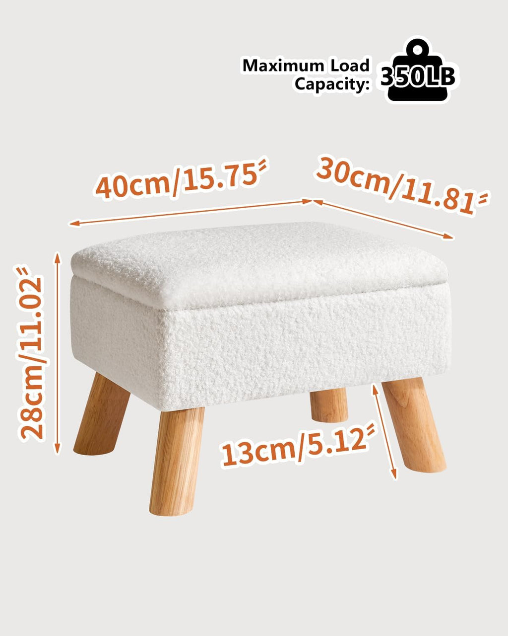 Footstool with Storage, Small Foot Stool Ottoman with Sturdy Wood Legs Stool, Foot Rest with Padded Seat, for Living Room Bedroom Couch Enterway 40 ×30 ×28CM White HBD042W