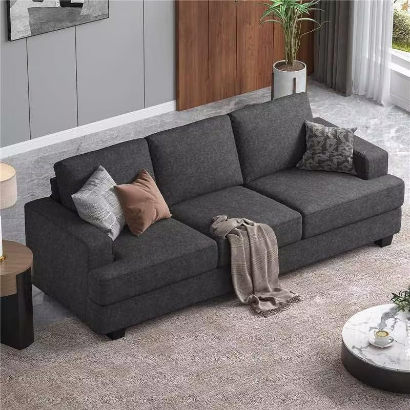 226CM Sofa Couch, 3 Seater Sofa with Suppleness Armrests, Linen Fabric Deep Seat Sofa with Upholstered Cushion& Backrests, Modern Comfy Couch for Living Room Apartment Office