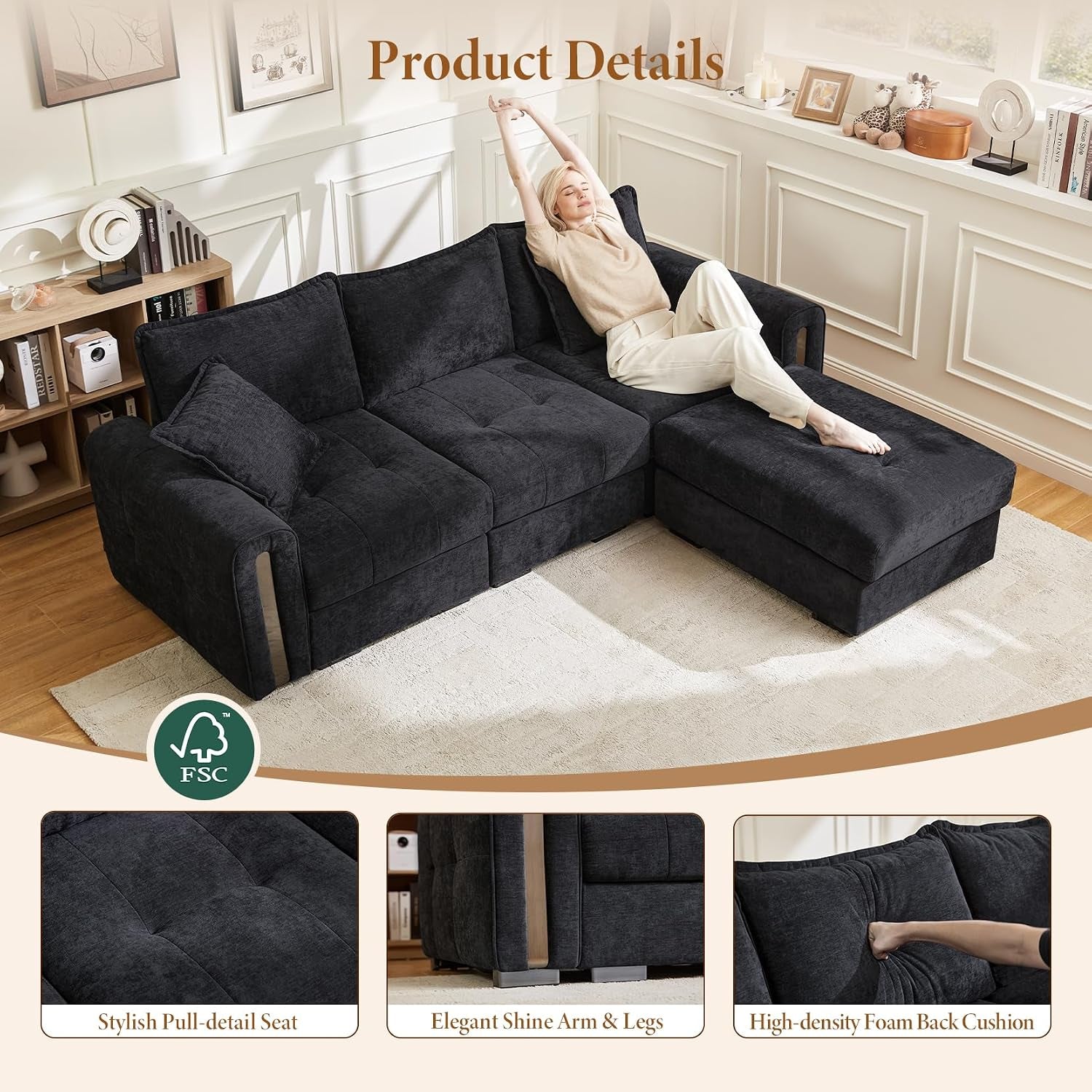 5 Seater Modular Corner Sofa with Storage, Chenille, Dark Grey | Cloud Comfort, Deep Seat, Convertible L Shaped 2C2 Corner Sofas, Easy Assembly, Sectional Couch for Living Room, Apartment