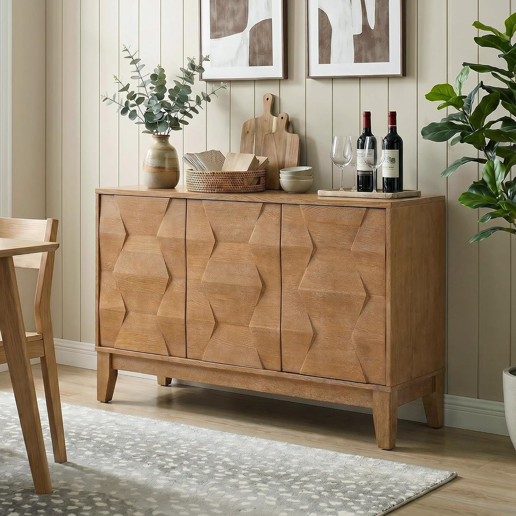 115 Cm Wooden Sideboard with Adjustable Shelves, Seadrift | 3-Door Storage Cabinet with Hexagonal Door Design, Solid Wood Legs, Ample Storage for Living Room, Dining Room, Easy Assembly