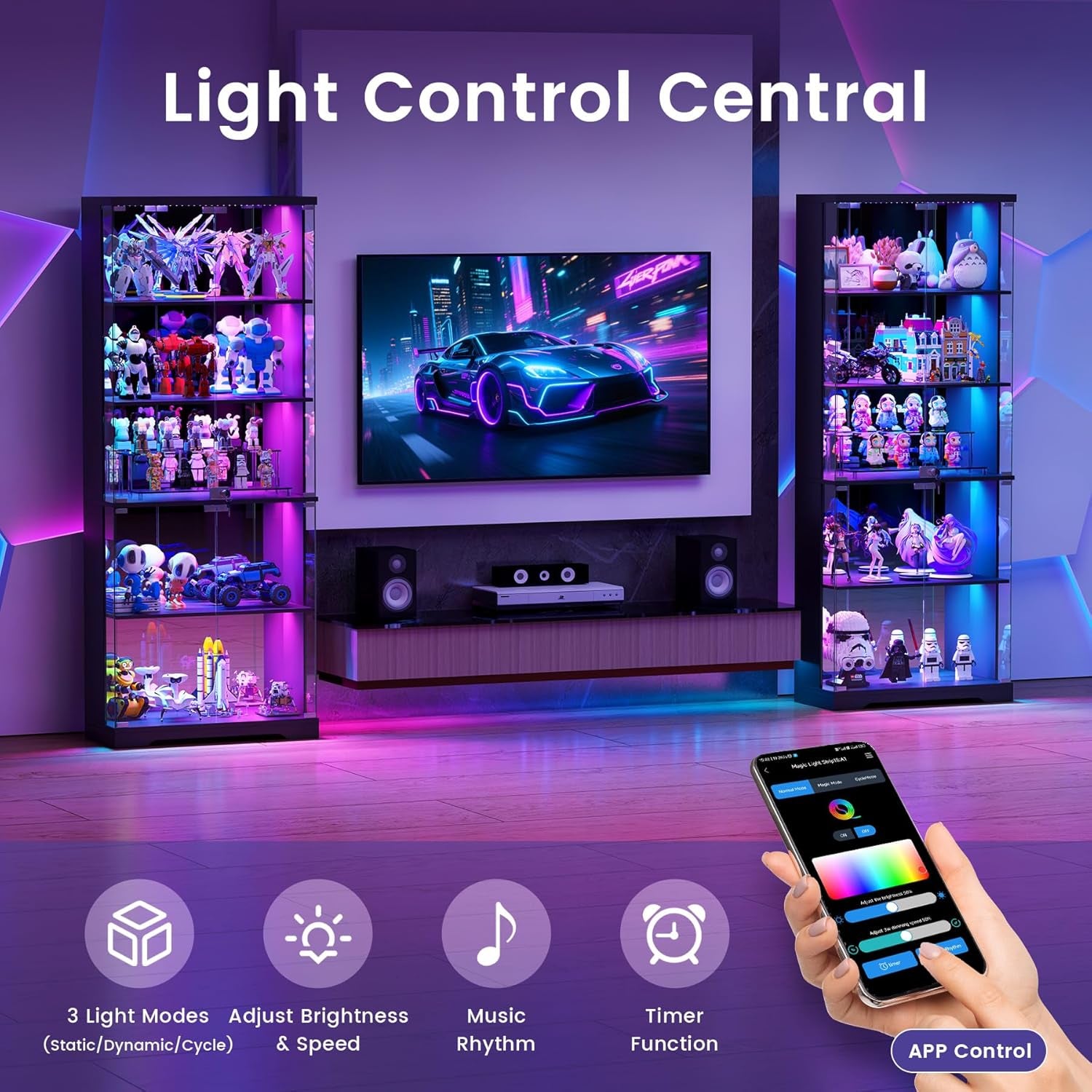 RGB Display Cabinet with Glass Doors, 175CM, Black | RGB Lights, 5-Tier Lockable Shelves for Collectibles/Figures/Books, Smart Human Sensor, for Living Room, Gaming Room