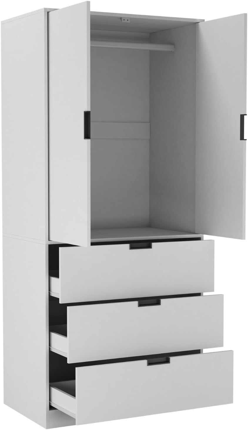 Modern 2 Door Wardrobe with 3 Drawers & Hanging Rail, Stylish Freestanding Storage, Spacious Interior, Durable Chipboard Build, Easy to Assemble Bedroom Furniture