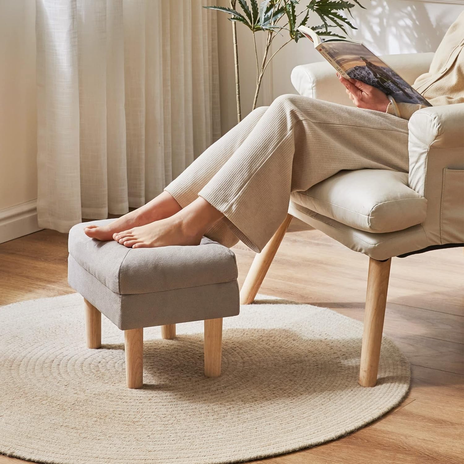 Foot Stool, Ottoman Small, Chair with Sponge Padded Seat, Footrest, Shoes Changing Wooden Stool for Living Room, Bedroom, Entryway, 40×29×32CM, Grey HBD023G
