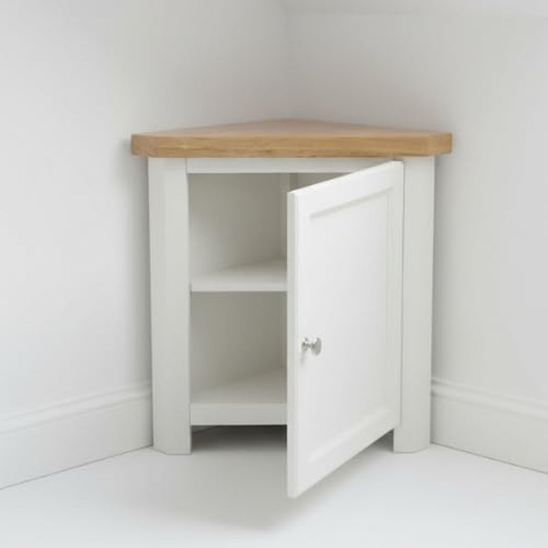 Corner Cabinet with Chunky Oak Top - Corner Unit with Shelf, Assembled Small Cabinet for Small Nooks or Bedside Table (White 2)