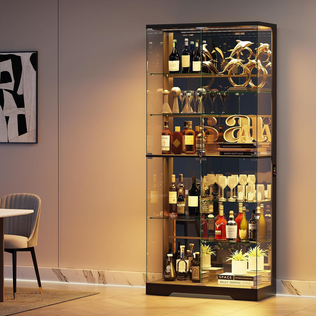 180Cm Glass Display Cabinets with RBG Lights for Collectibles,Black | 10-Tier Curio Cabinet with Lockable, Display Cases with Human Body Sensor and Glass Shelves for Books, Toys