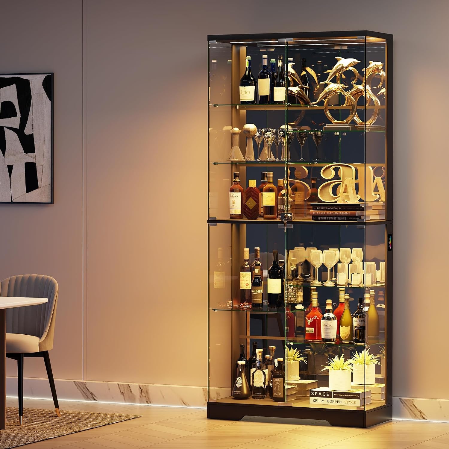 180Cm Glass Display Cabinets with RBG Lights for Collectibles,Black | 10-Tier Curio Cabinet with Lockable, Display Cases with Human Body Sensor and Glass Shelves for Books, Toys