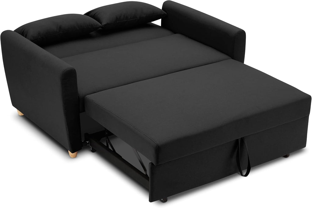 Black 2 Seater Sofa Bed Double, Pull Out Sofa Bed for Adults, Compact Fabric Sofabed with Fold Flat Mattress | Living Room Guest Bed | 140Cm